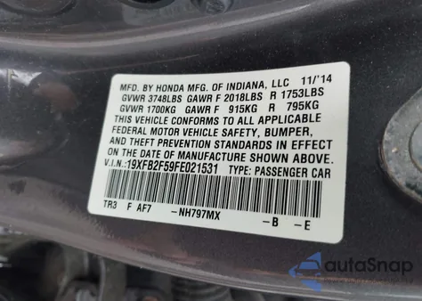 2015 Honda Civic Lx from USA, damaged, VIN 19XFB2F59FE021531